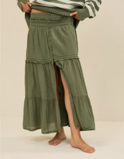 Aerie Boho Button Maxi Skirt Olive Fun