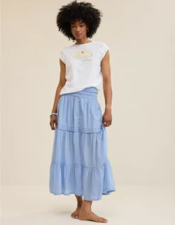 Aerie Boho Button Maxi Skirt Monaco Blue
