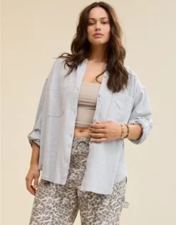 Aerie Roll With It Lightweight Fleece Shirt Medium Heather Gray