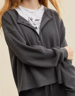 Aerie Waffle Henley Sweatshirt Smoked Gray