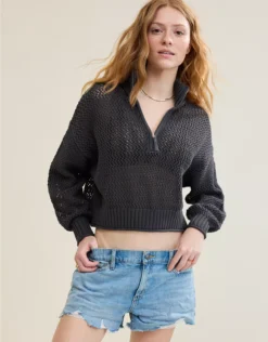 Aerie Crochet Quarter Zip Sweater Smoked Gray