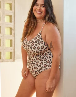 Aerie Buzzed Terry Leopard Strappy Back One Piece Swimsuit Vintage Vanilla