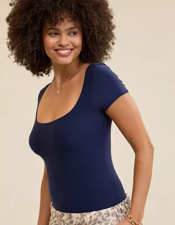 Aerie SMOOTHEZ Short Sleeve Square Neck Bodysuit Navy - Image 5