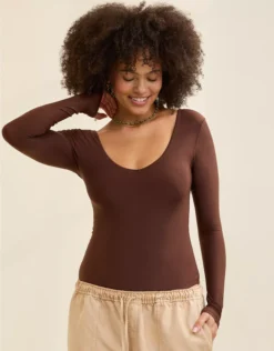 Aerie SMOOTHEZ Long Sleeve Plunge Bodysuit Canyon Sun