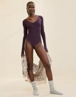 Aerie SMOOTHEZ Long Sleeve Plunge Bodysuit Cool Berry