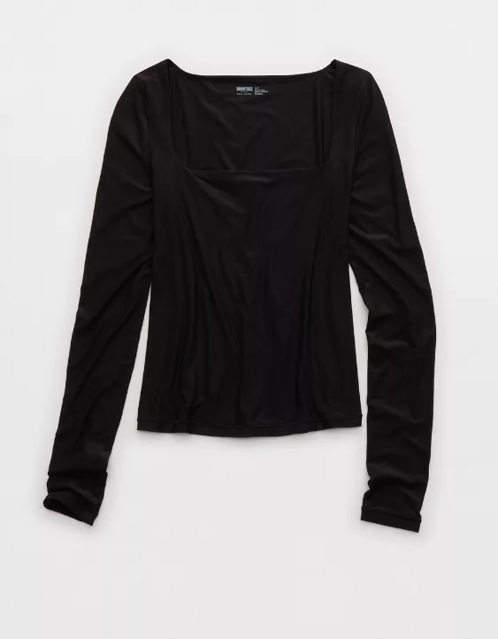 Aerie SMOOTHEZ Square Neck Long Sleeve T-Shirt True Black - Image 4