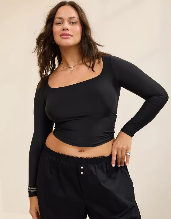 Aerie SMOOTHEZ Square Neck Long Sleeve T-Shirt True Black - Image 2