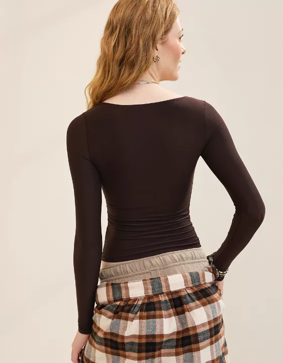 Aerie SMOOTHEZ Square Neck Long Sleeve T-Shirt Deep Earth - Image 2