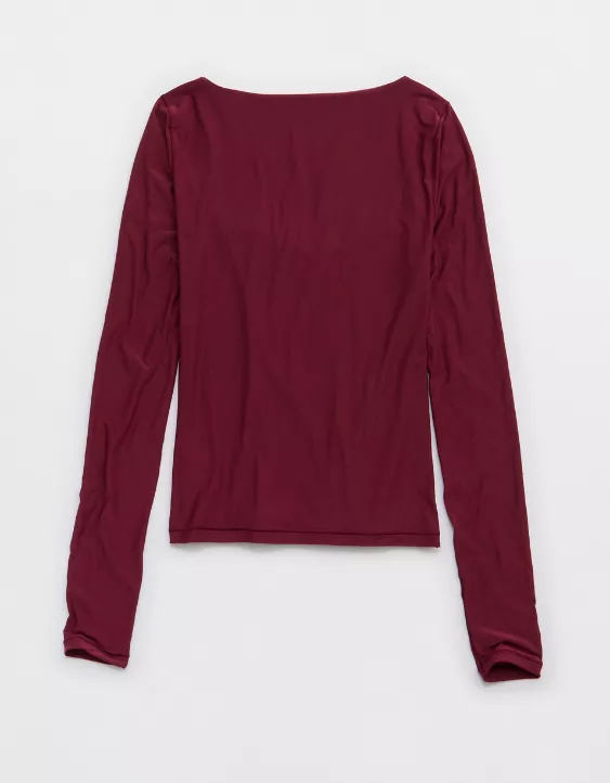 Aerie SMOOTHEZ Square Neck Long Sleeve T-Shirt Deep Cherry - Image 4
