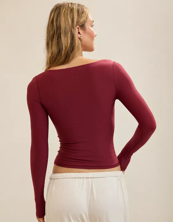 Aerie SMOOTHEZ Square Neck Long Sleeve T-Shirt Deep Cherry - Image 2