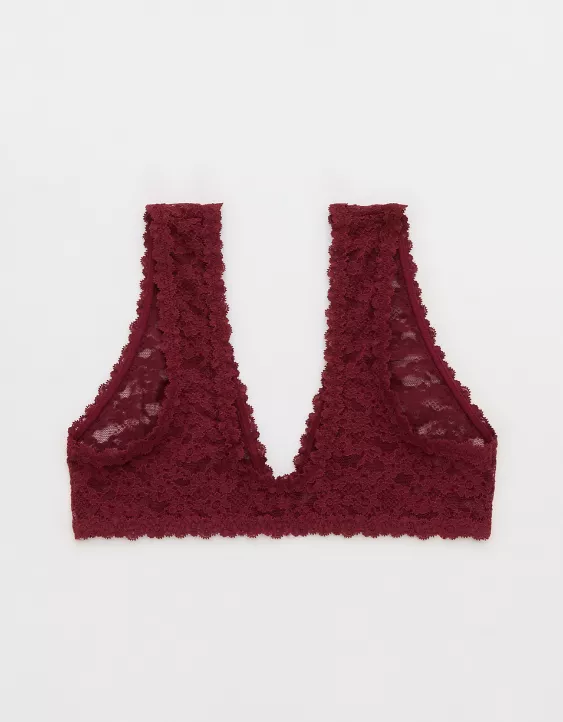Aerie Show Off Flocked Vintage Lace Plunge Bralette Deep Cherry - Image 5