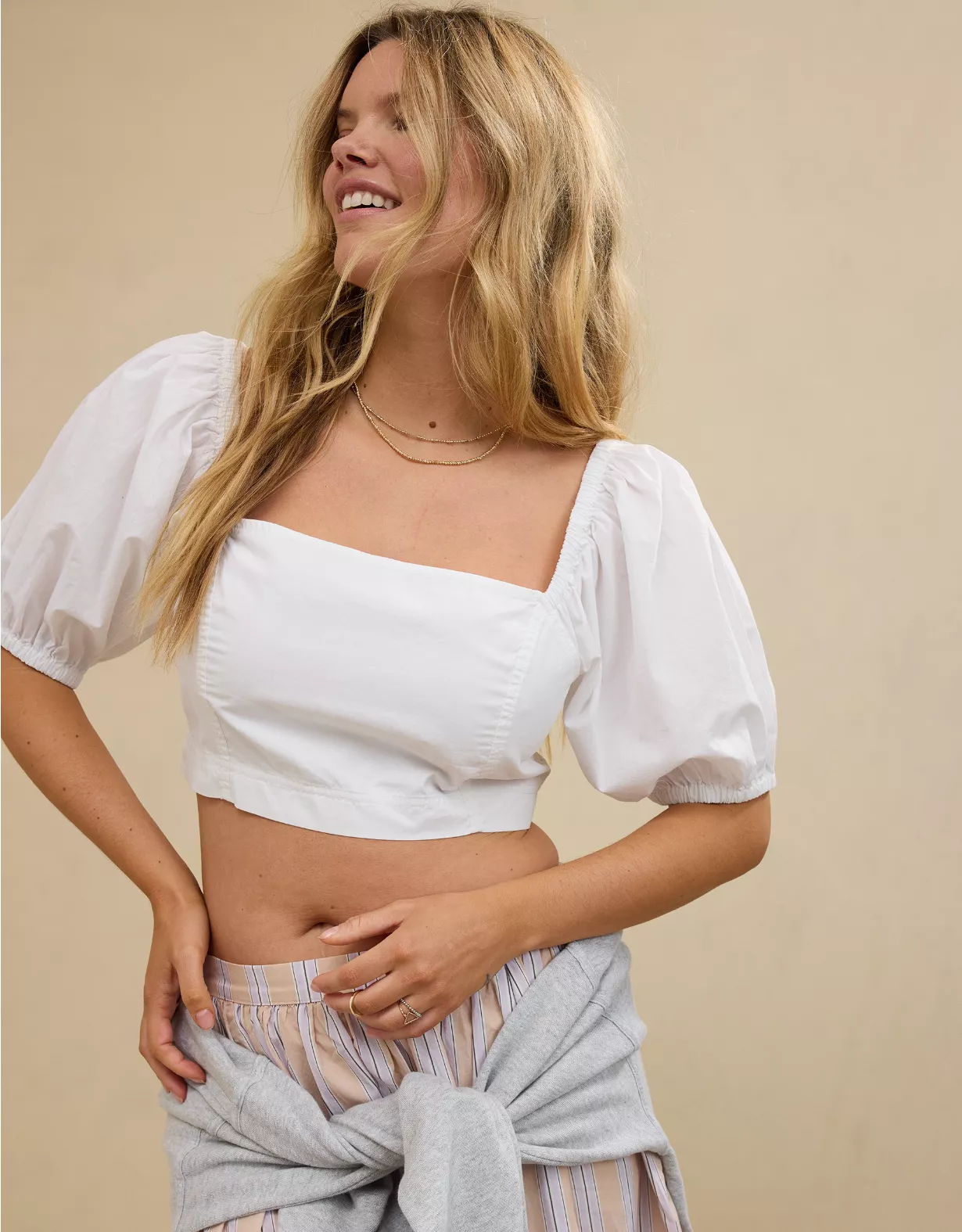 Aerie Puff Sleeve Square Neck Top White