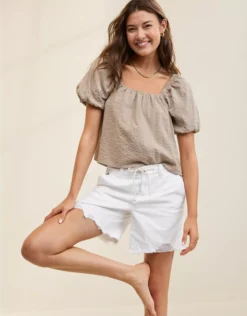 Aerie Seersucker Puff Sleeve Top Stone Harbor