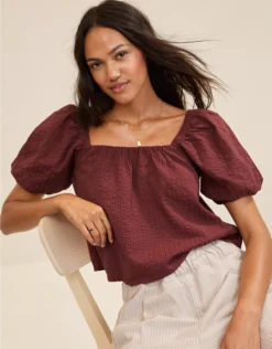 Aerie Seersucker Puff Sleeve Top Dark Rust