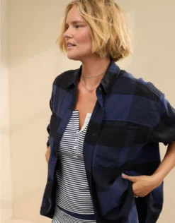 Aerie Anytime Fave Flannel Button Down Shirt Navy