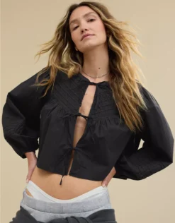 Aerie Long Sleeve Tie Front Top Smoked Gray