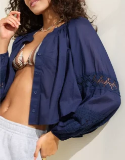 Aerie Long Sleeve Crochet Button Down Shirt Navy