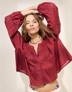 Aerie Long Sleeve Crochet Button Down Shirt Summer Burgundy