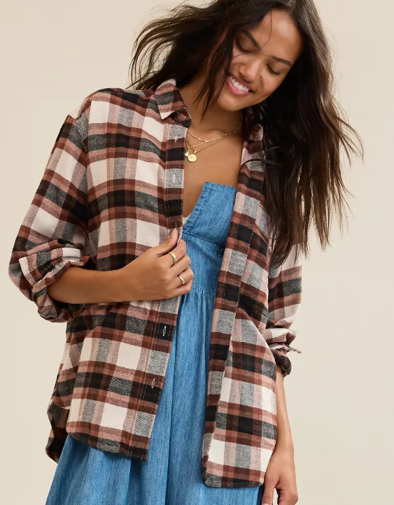 Aerie Anytime Fave Flannel Button Down Shirt Sandbar - Image 6