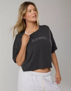 OFFLINE By Aerie Let's Stretch Cropped T-Shirt Smoked Gray