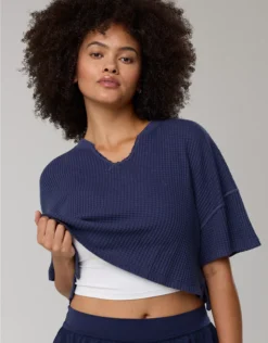OFFLINE By Aerie Wow! Waffle Notch Neck T-Shirt Royal Navy