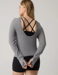 OFFLINE By Aerie Thumbs Up Ribbed Scoop Back T-Shirt Dark Heather Gray