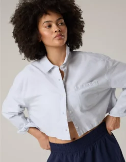 OFFLINE By Aerie Cropped Button Up Shirt Eyelet Blue