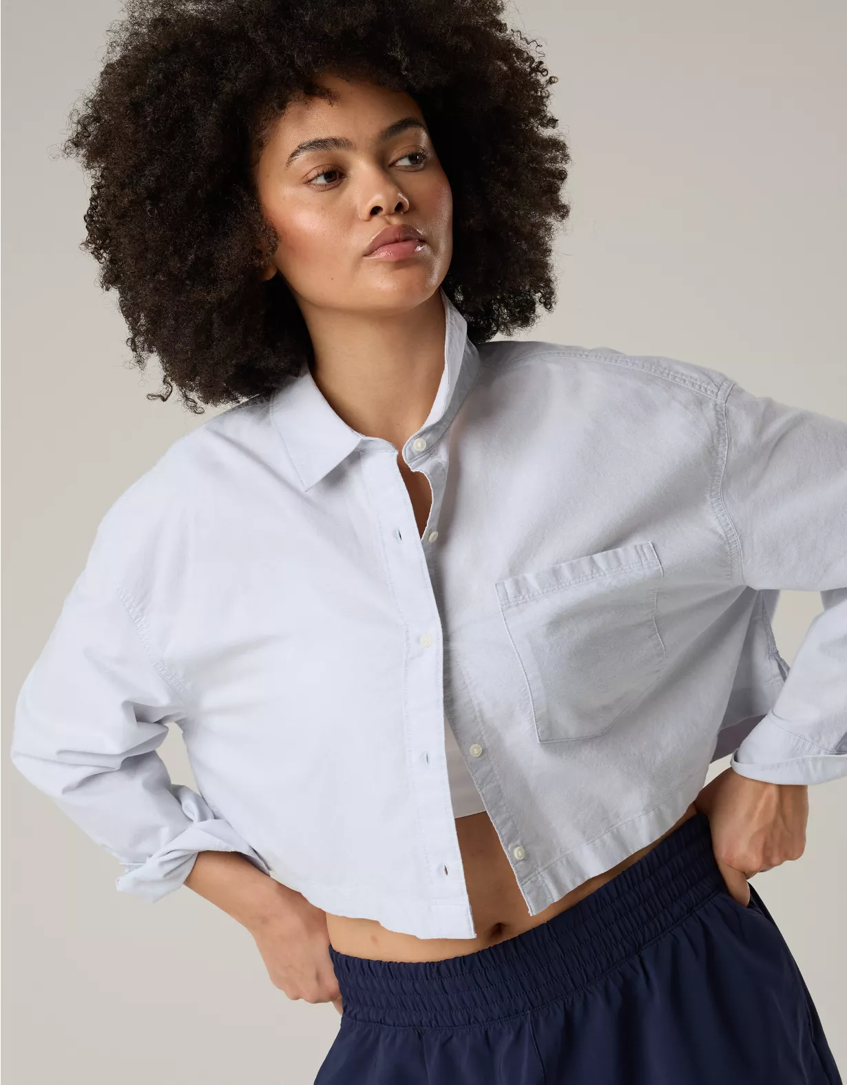 OFFLINE By Aerie Cropped Button Up Shirt Eyelet Blue
