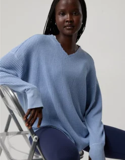 OFFLINE By Aerie Wow! Waffle Notch Neck Long Sleeve T-Shirt Monaco Blue