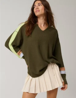 OFFLINE By Aerie Wow! Waffle Notch Neck Long Sleeve T-Shirt Military Green