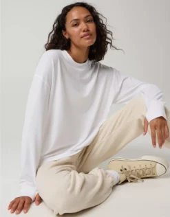 OFFLINE By Aerie Let's Stretch Long Sleeve Boyfriend T-Shirt White