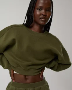OFFLINE By Aerie Cloud Fleece Cropped Crewneck Sweatshirt Military Green