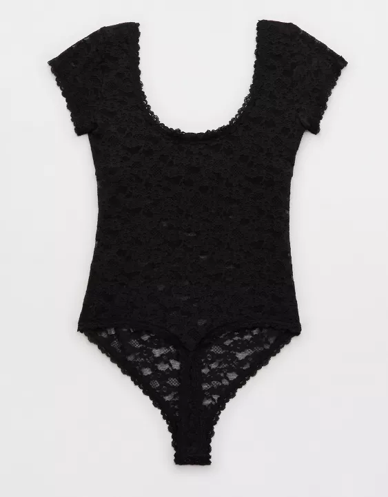 Aerie Show Off Vintage Lace Short Sleeve Bodysuit True Black - Image 4