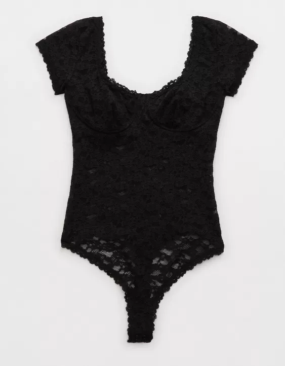 Aerie Show Off Vintage Lace Short Sleeve Bodysuit True Black - Image 3