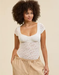 Aerie Show Off Vintage Lace Short Sleeve Bodysuit Soft Muslin
