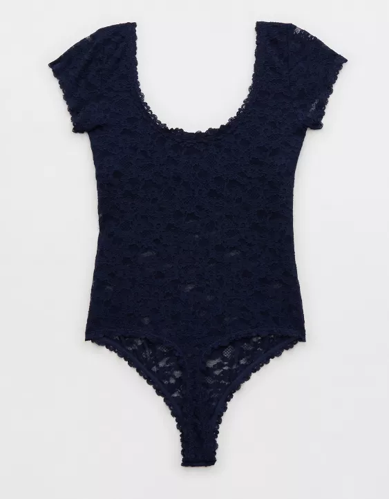 Aerie Show Off Vintage Lace Short Sleeve Bodysuit Navy - Image 4