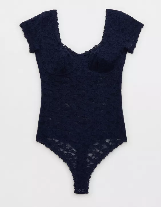 Aerie Show Off Vintage Lace Short Sleeve Bodysuit Navy - Image 3