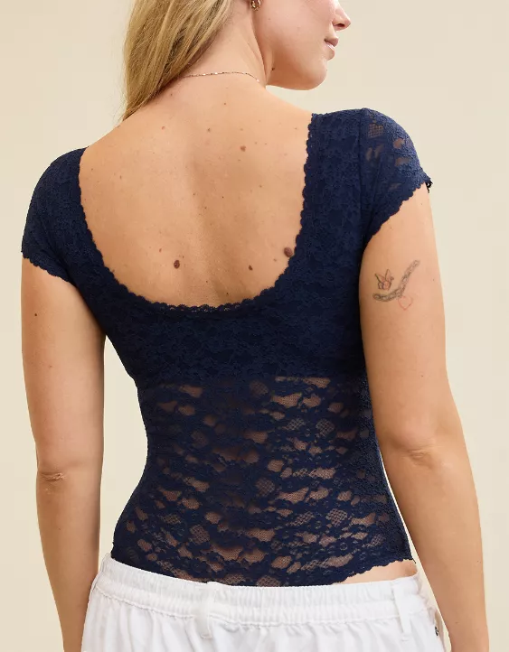 Aerie Show Off Vintage Lace Short Sleeve Bodysuit Navy - Image 2