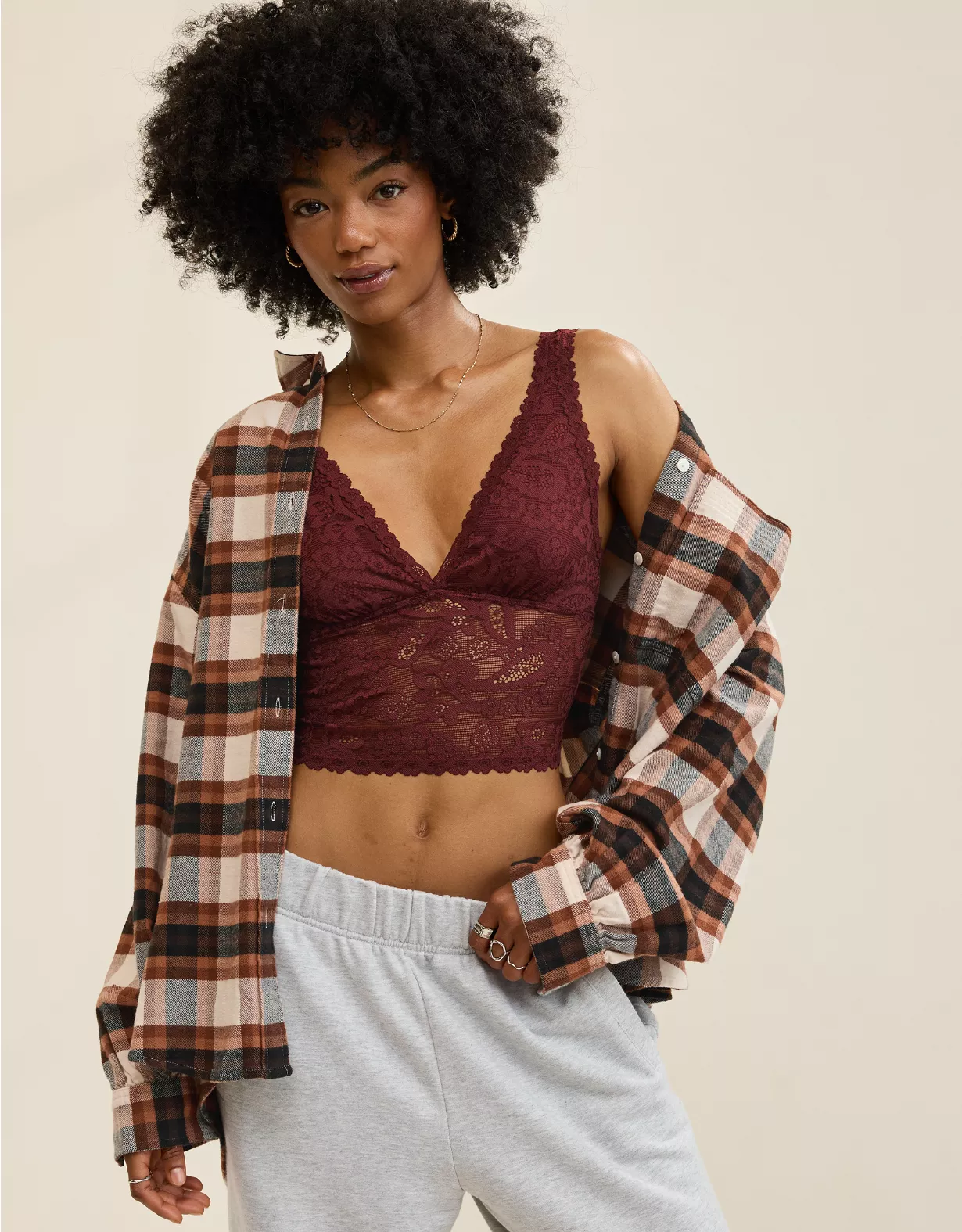 Aerie Show Off Paisley Lace Padded Plunge Tank Top Dark Rust