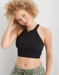 Aerie Superchill Seamless High Neck Bra Top True Black