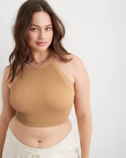 Aerie Superchill Seamless High Neck Bra Top Beach Dune