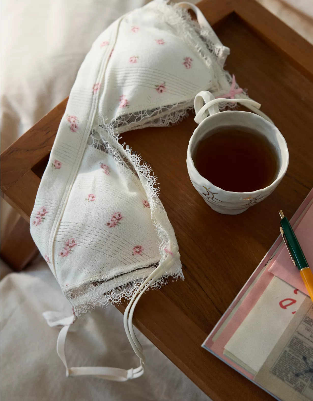 Aerie Superchill Pointelle Padded Triangle Bralette Natural