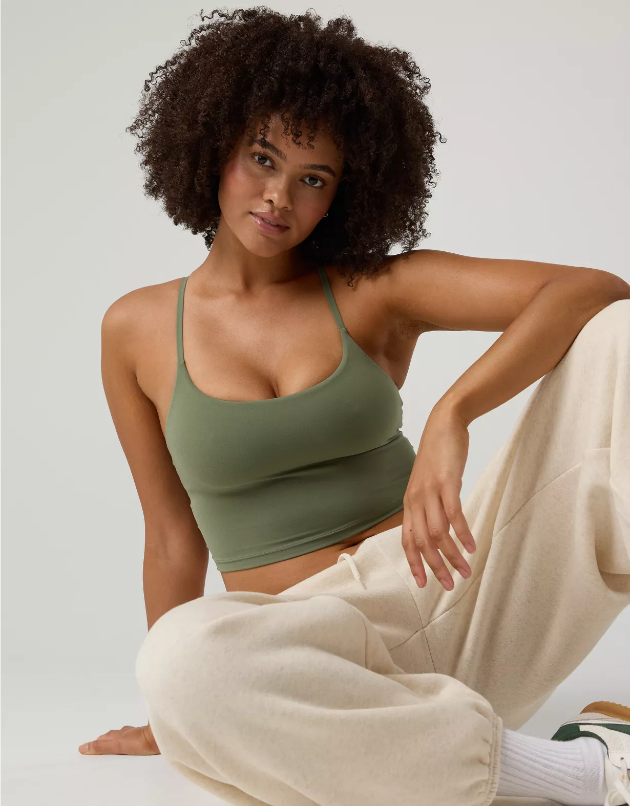 OFFLINE By Aerie Real Me Xtra Strappy Longline Sports Bra Olive Fun
