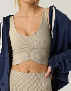 OFFLINE By Aerie Stripe Rib Ruched Low Key Sports Bra Cake Batter