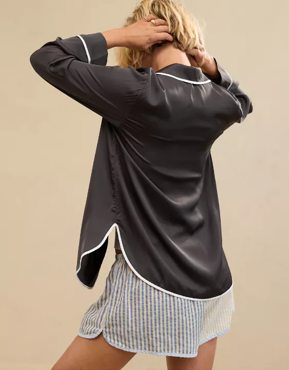 Aerie Off-Duty Satin Piping Shirt Smoked Gray - Image 2