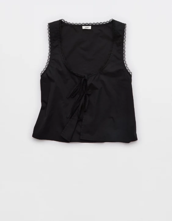 Aerie Off-Duty Poplin Tie Front Tank Top True Black - Image 3