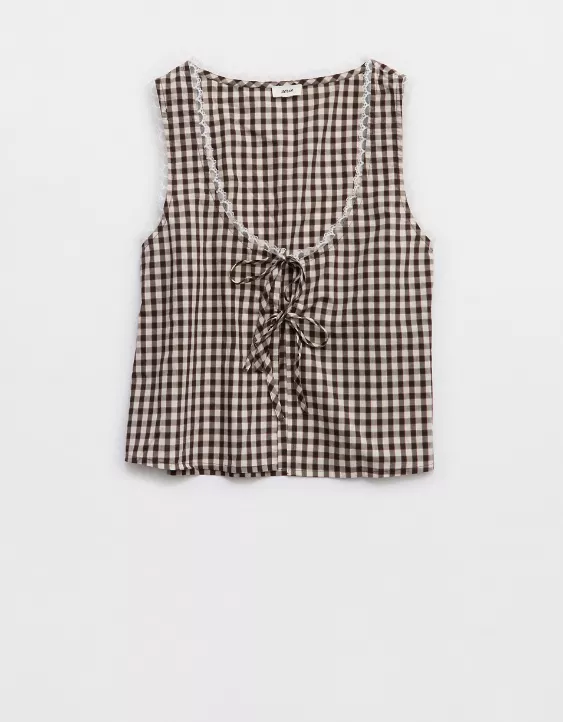 Aerie Off-Duty Poplin Tie Front Tank Top Deep Earth - Image 3