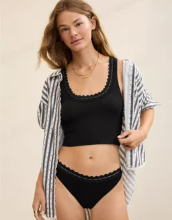 Aerie Superchill Cotton Rib Lace Tank Top True Black