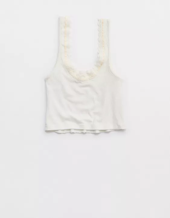 Aerie Superchill Cotton Rib Lace Tank Top Soft Muslin - Image 4