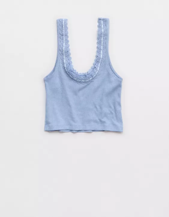 Aerie Superchill Cotton Rib Lace Tank Top Monaco Blue - Image 4